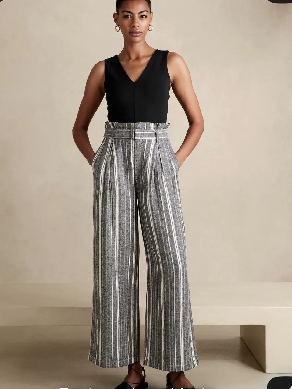 Banana Republic Gray Striped High-Waist Wide-Leg Linen Blend Paperbag Pants